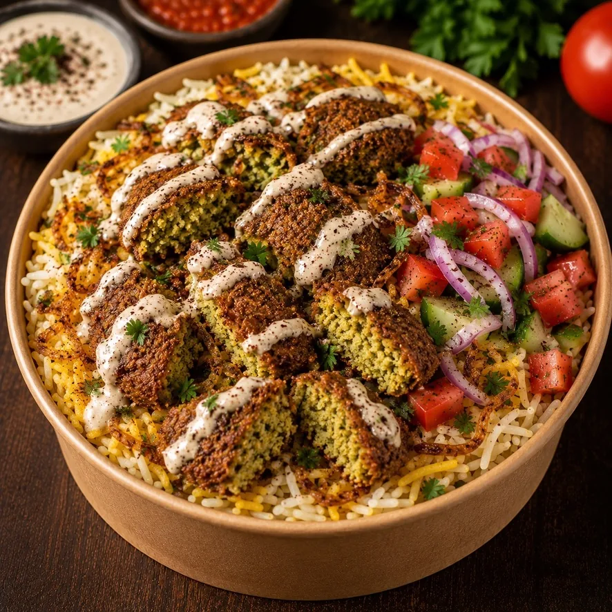 Falafel dengan nasi biryani dan salad