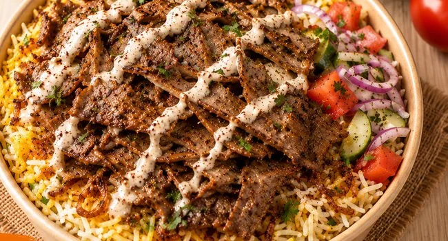 Beef Biryani Bowl RotiWrap dengan nasi berbumbu dan salad