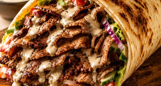 Beef Shawarma RotiWrap dengan sayuran segar dan saus