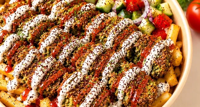 Falafel Loaded Fries RotiWrap dengan salad dan saus